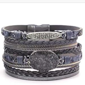 New! Dark grey druzy mixed media bracelet